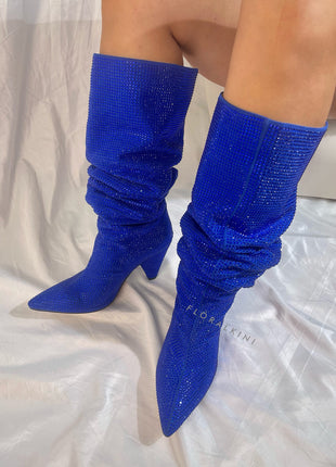 Diamante Crystal-Embellished Point Toe Over The Knee Block Heeled Boots - Blue