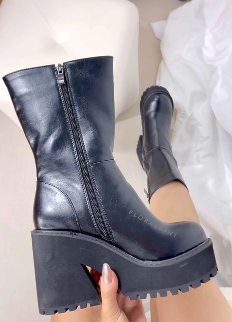 Black Chunky Platform Ankle Sock Boots