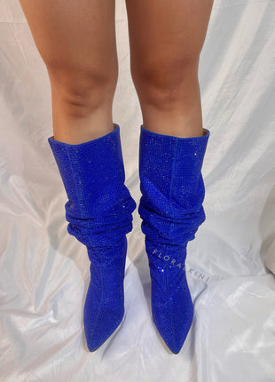 Diamante Crystal-Embellished Point Toe Over The Knee Block Heeled Boots - Blue