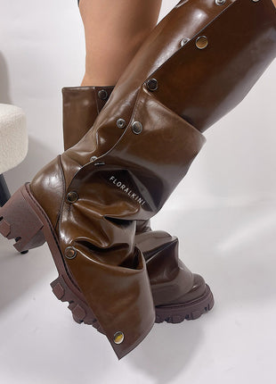 Ruffled Popper Detail Mid-Calf Platform Combat Boots - Brown