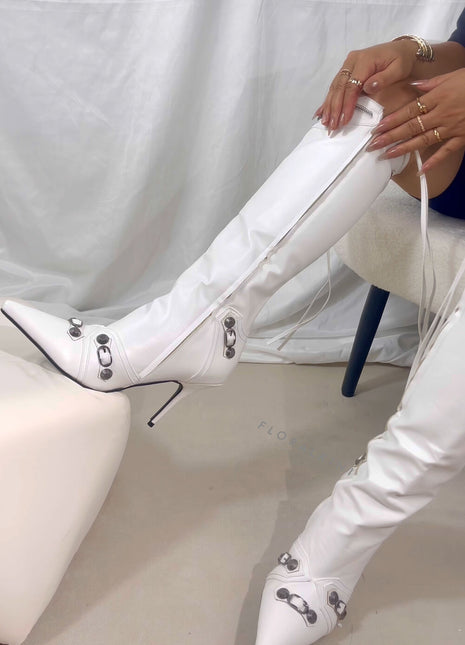 Calf High Pointed Toe Stiletto Boots With Studs And Pin Buckle Strap Details - White