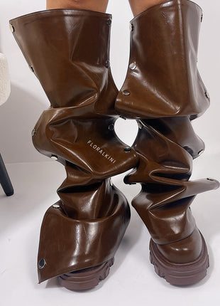 Ruffled Popper Detail Mid-Calf Platform Combat Boots - Brown