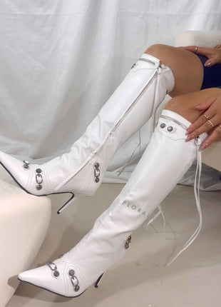Calf High Pointed Toe Stiletto Boots With Studs And Pin Buckle Strap Details - White
