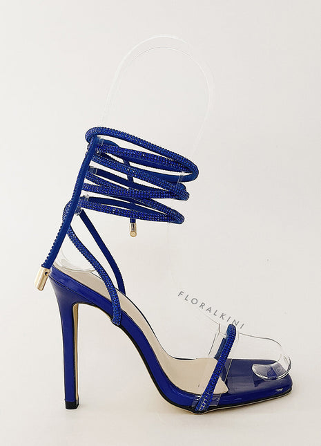 Diamante Embellished Lace Up Square Toe High Heels - Blue