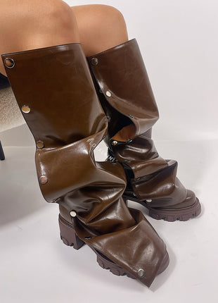 Ruffled Popper Detail Mid-Calf Platform Combat Boots - Brown