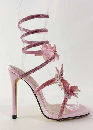 Crystal-Embellished Floral Snake Ankle Wrap Stiletto Heeled Sandals