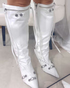 Calf High Pointed Toe Stiletto Boots With Studs And Pin Buckle Strap Details - White