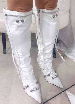Calf High Pointed Toe Stiletto Boots With Studs And Pin Buckle Strap Details - White
