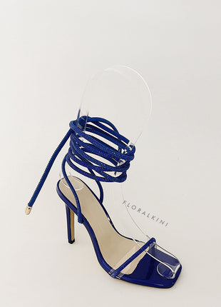 Diamante Embellished Lace Up Square Toe High Heels - Blue