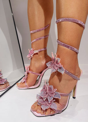 Crystal-Embellished Floral Snake Ankle Wrap Stiletto Heeled Sandals