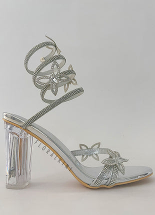 Crystal-Embellished Butterfly Snake Ankle Wrap Clear Perspex Block Heeled Sandals