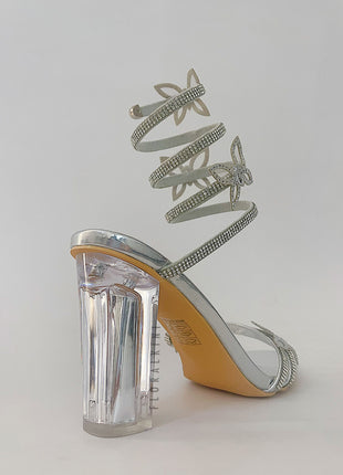 Crystal-Embellished Butterfly Snake Ankle Wrap Clear Perspex Block Heeled Sandals