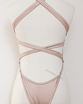 Color Block V Neck High-Cut One Piece Swimsuit - White & Nude