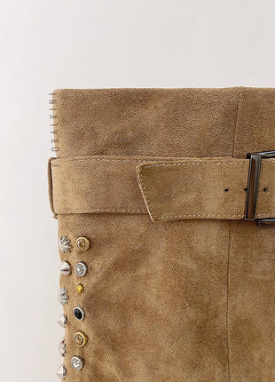 Faux Suede Studded And Crystal-Embellished Cowboy Fold Over Mid-Calf Boots