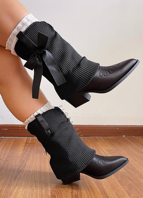 Ribbed Knit Western Fold Over Ankle Boots Withe Bow Details