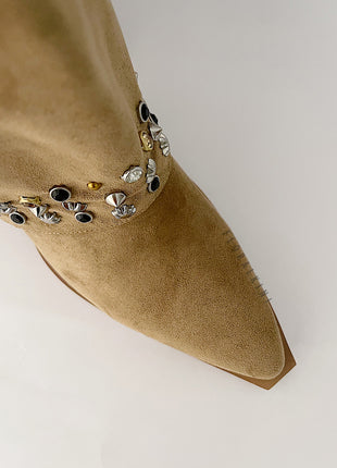 Faux Suede Studded And Crystal-Embellished Cowboy Fold Over Mid-Calf Boots