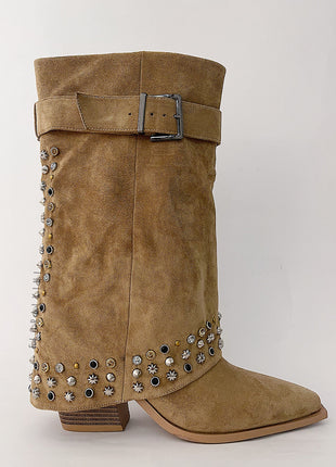 Faux Suede Studded And Crystal-Embellished Cowboy Fold Over Mid-Calf Boots