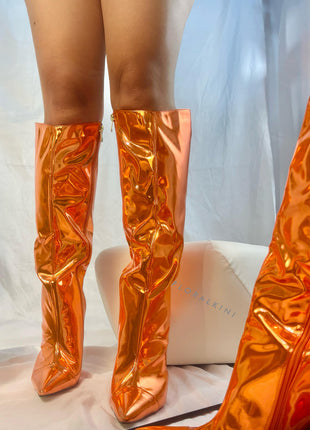 Metallic Finish Knee-High Pointed Toe Stiletto Boots - Orange