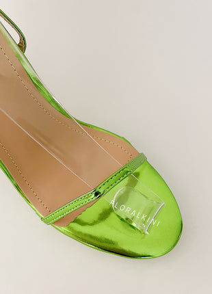 Metallic Faux Leather Open Toe Platform Twisted Statement Heels - Green