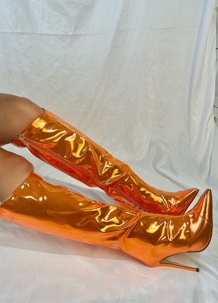Metallic Finish Knee-High Pointed Toe Stiletto Boots - Orange