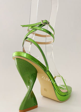 Metallic Faux Leather Open Toe Platform Twisted Statement Heels - Green
