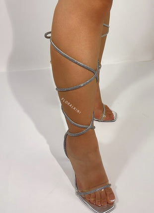 Diamante Embellished Lace Up Square Toe High Heels - Silver