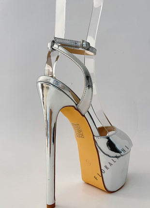 Metallic Open Round Toe Platform Stiletto Heeled Sandals