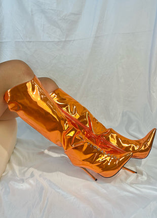 Metallic Finish Knee-High Pointed Toe Stiletto Boots - Orange