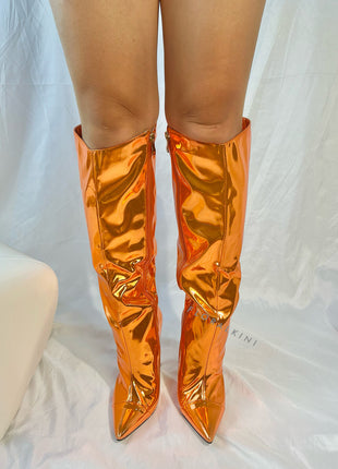 Metallic Finish Knee-High Pointed Toe Stiletto Boots - Orange
