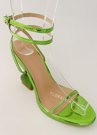 Metallic Faux Leather Open Toe Platform Twisted Statement Heels - Green