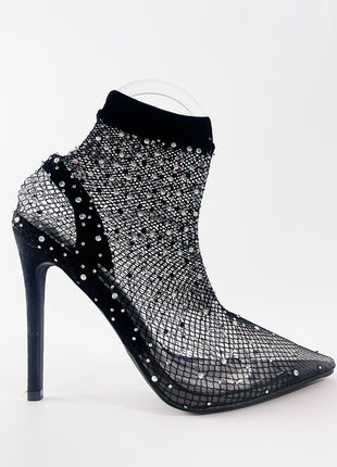 Black Clear Perspex Fishnet Ankle Sock Heels