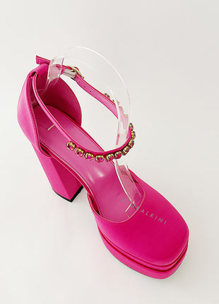 Hot Pink Satin Patent Square Closed Toe Statement Double Platform Block Heel Pumps