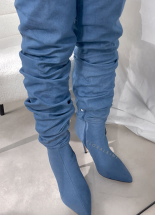 Denim Ruched Over-The-Knee Pointed Toe Stiletto Boots
