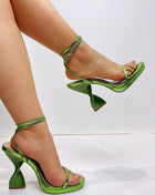 Metallic Faux Leather Open Toe Platform Twisted Statement Heels - Green