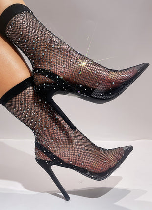 Black Clear Perspex Fishnet Ankle Sock Heels
