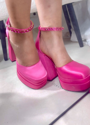 Hot Pink Satin Patent Square Closed Toe Statement Double Platform Block Heel Pumps
