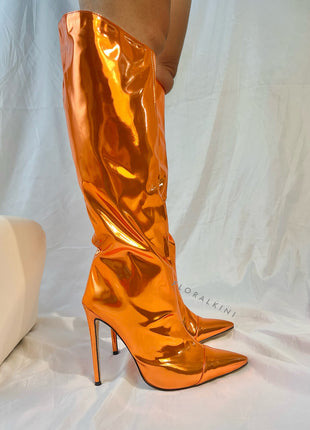 Metallic Finish Knee-High Pointed Toe Stiletto Boots - Orange
