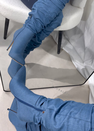 Denim Ruched Over-The-Knee Pointed Toe Stiletto Boots