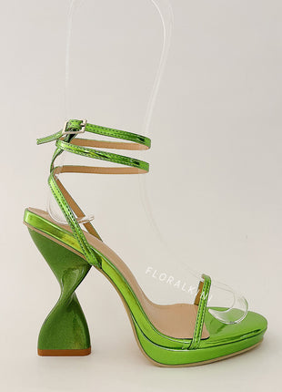 Metallic Faux Leather Open Toe Platform Twisted Statement Heels - Green