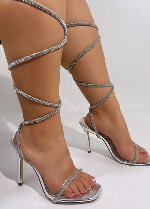 Diamante Embellished Lace Up Square Toe High Heels - Silver
