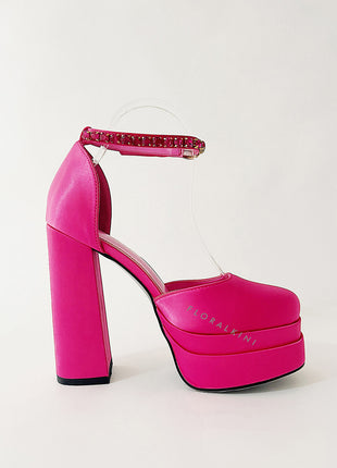 Hot Pink Satin Patent Square Closed Toe Statement Double Platform Block Heel Pumps