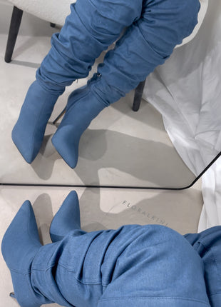 Denim Ruched Over-The-Knee Pointed Toe Stiletto Boots