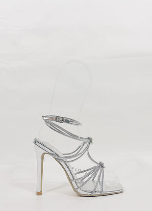 Heart Embellished Strappy Square Toe High Stiletto Heels - Silver