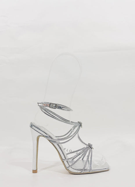 Heart Embellished Strappy Square Toe High Stiletto Heels - Silver