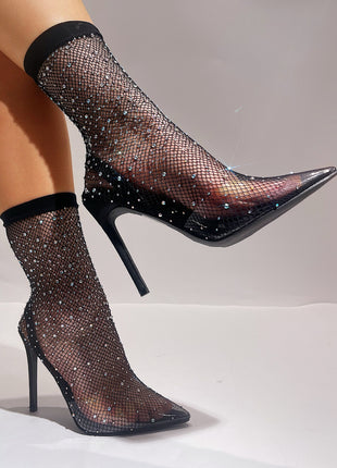 Black Clear Perspex Fishnet Ankle Sock Heels