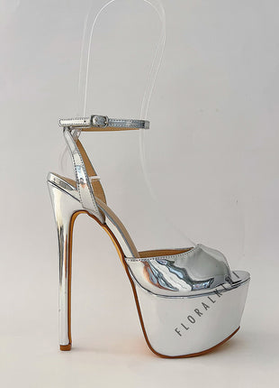 Metallic Open Round Toe Platform Stiletto Heeled Sandals