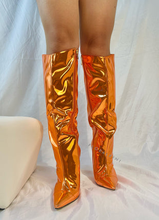 Metallic Finish Knee-High Pointed Toe Stiletto Boots - Orange