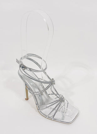Heart Embellished Strappy Square Toe High Stiletto Heels - Silver