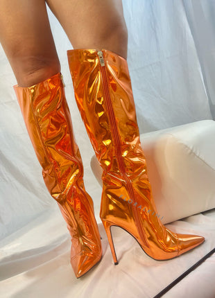 Metallic Finish Knee-High Pointed Toe Stiletto Boots - Orange