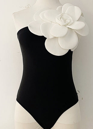 3D Flower One-Shoulder One-Piece Swimsuit - Black